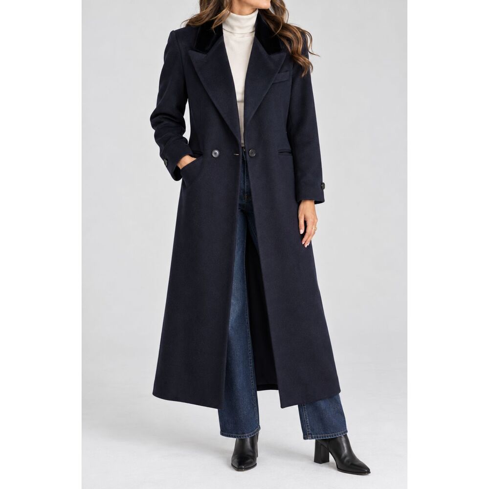 Vintage Michele Stuart Navy 100% Wool Long Coat Velvet Collar Made USA